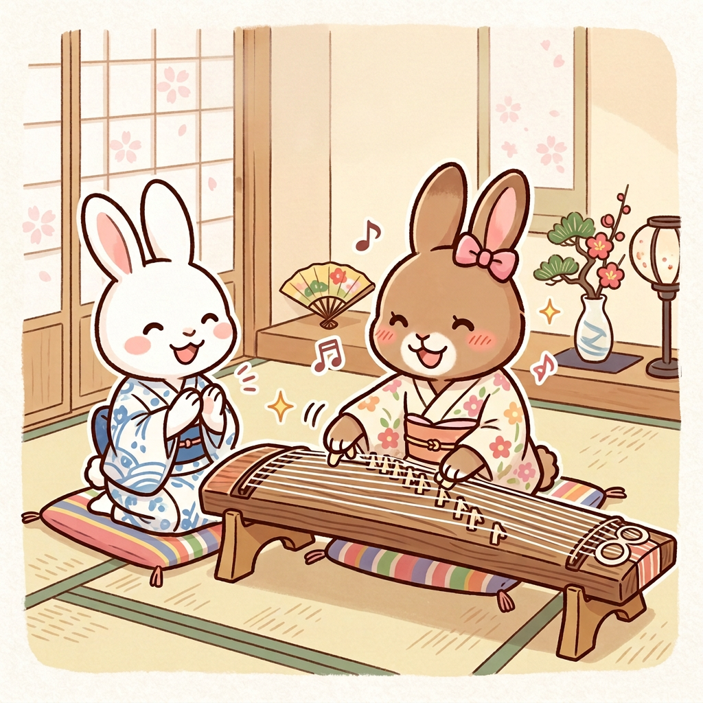 Two rabbits in kimono playing a Japanese koto instrument