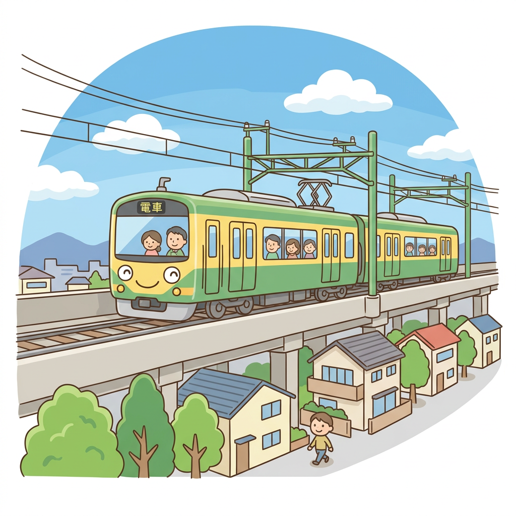 Green commuter train labeled 電車 traveling on an elevated railway