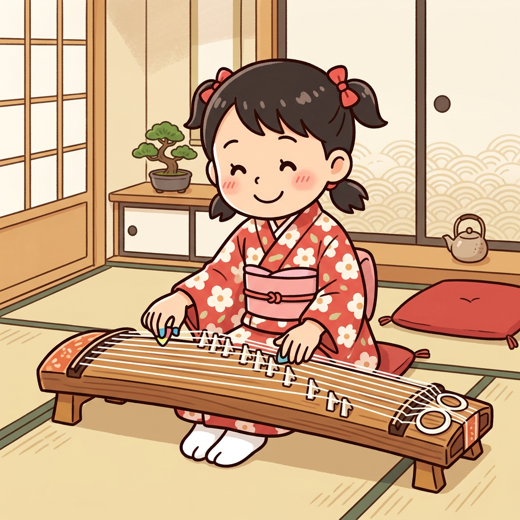 Girl in kimono playing a koto in a Japanese room