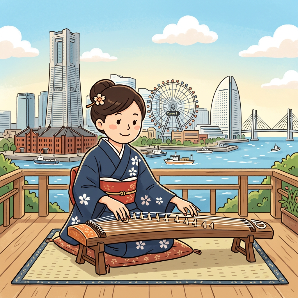 Woman in kimono playing a koto overlooking Yokohama waterfront
